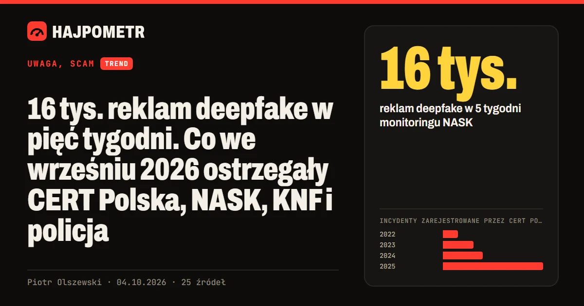 Okładka: 16 tys. reklam deepfake w pięć tygodni. Co we wrześniu 2026 ostrzegały CERT Polska, NASK, KNF i policja